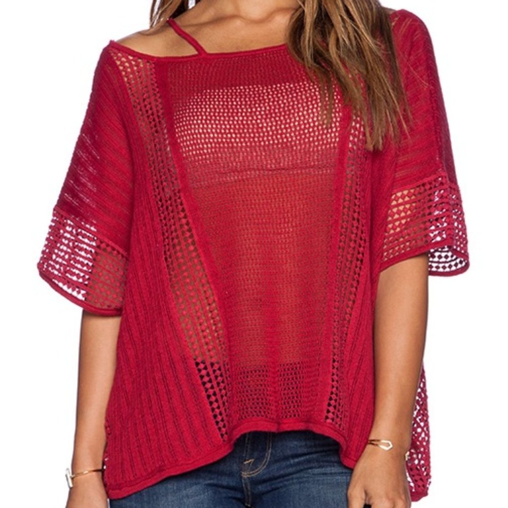 NWT Free People Red Open-Knit Short Sleeve Sweater Tee